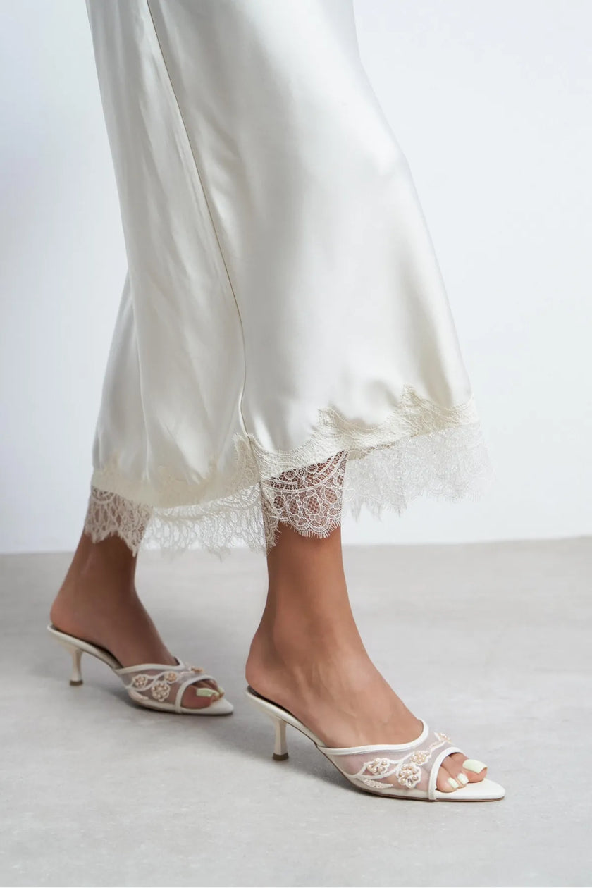 Anka Beige Beaded Mesh Pointed-Toe Women's Heeled Slippers