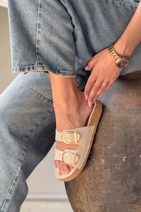 MICHELLE BEIGE GENUINE LEATHER MATTE FLAT SOLE DETAIL DOUBLE BUCKLE WOMEN'S SLIPPER