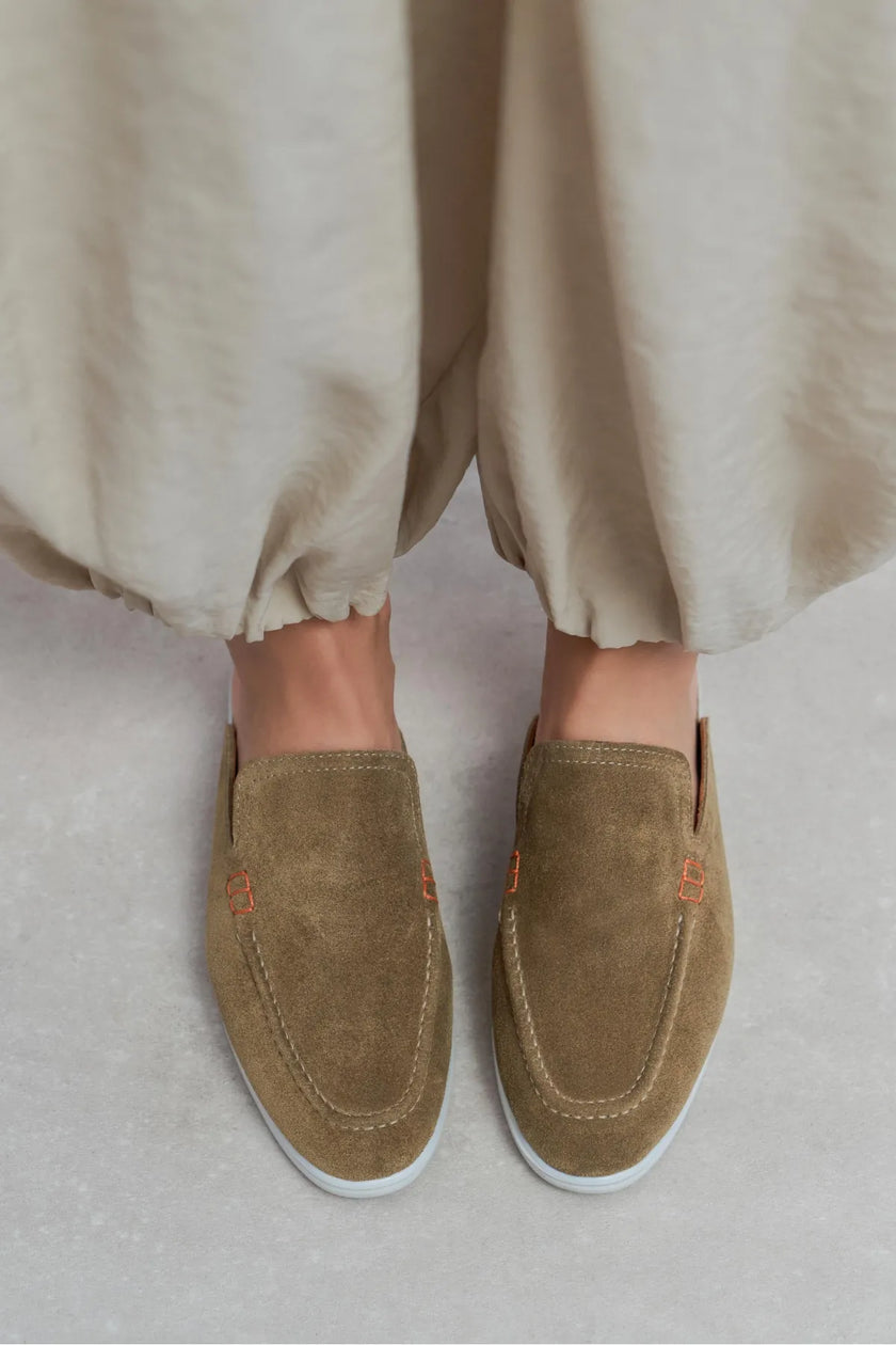 LETTY Rome Beige Suede Leather Flat Women’s Loafer Slippers