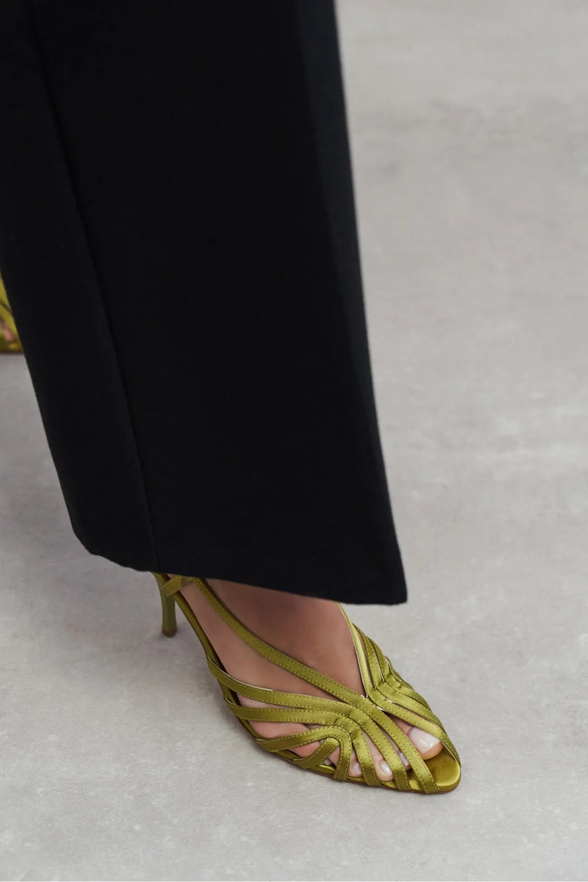 ERYU Green Satin Peep Toe Cage Detail Women’s Heeled Shoes