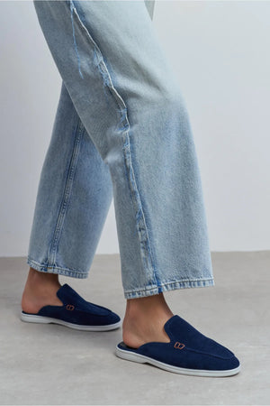 LETTY Navy Blue Suede Leather Flat Women’s Loafer Slippers