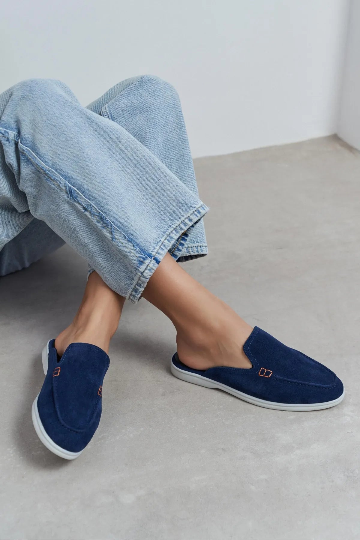 LETTY Navy Blue Suede Leather Flat Women’s Loafer Slippers
