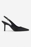 MENDY Black Satin Pointed Toe Women’s Heel Shoes with Belt Detail