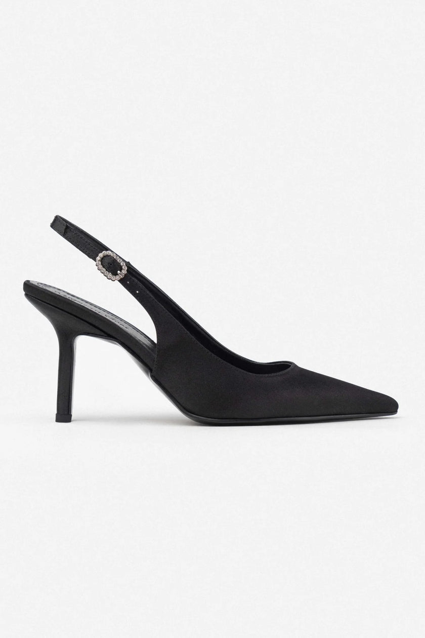 MENDY Black Satin Pointed Toe Women’s Heel Shoes with Belt Detail