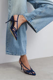 ERYU Navy Satin Peep Toe Cage Detail Women’s Heeled Shoes