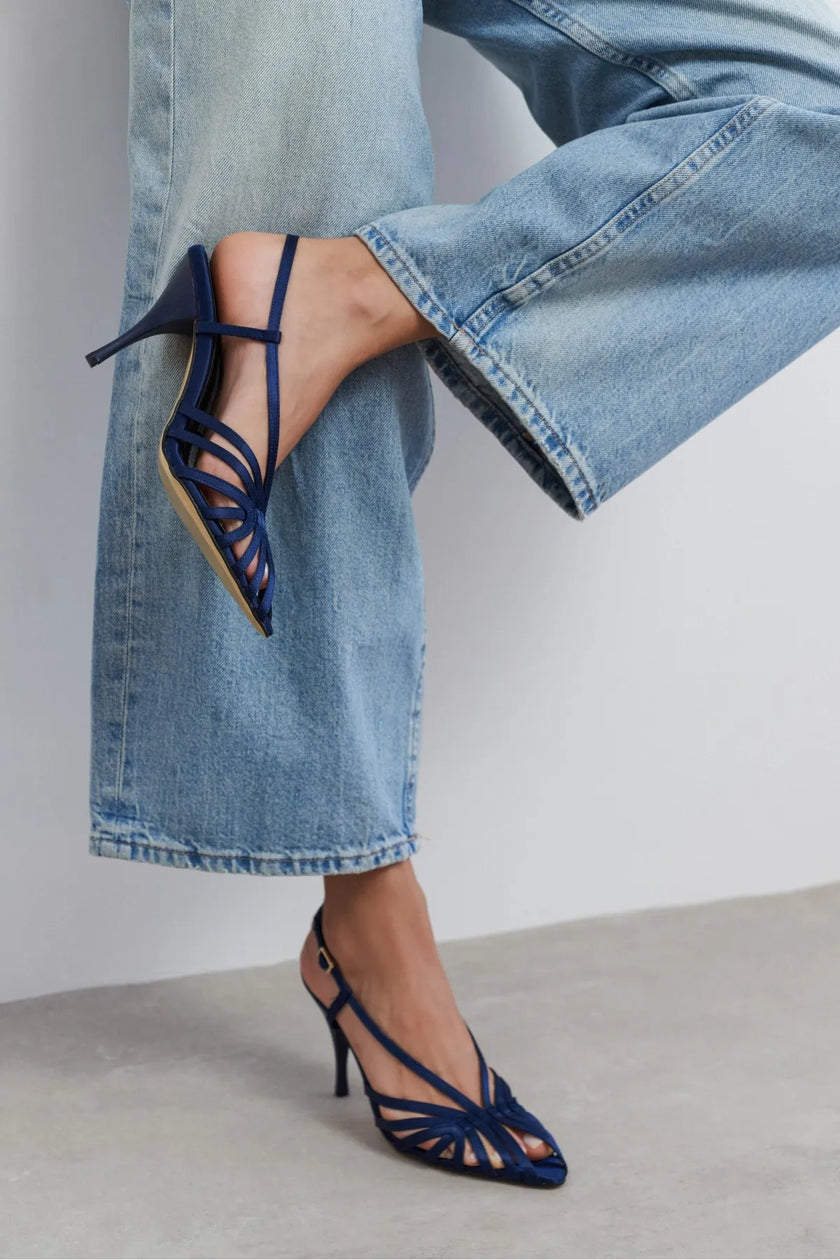 ERYU Navy Satin Peep Toe Cage Detail Women’s Heeled Shoes