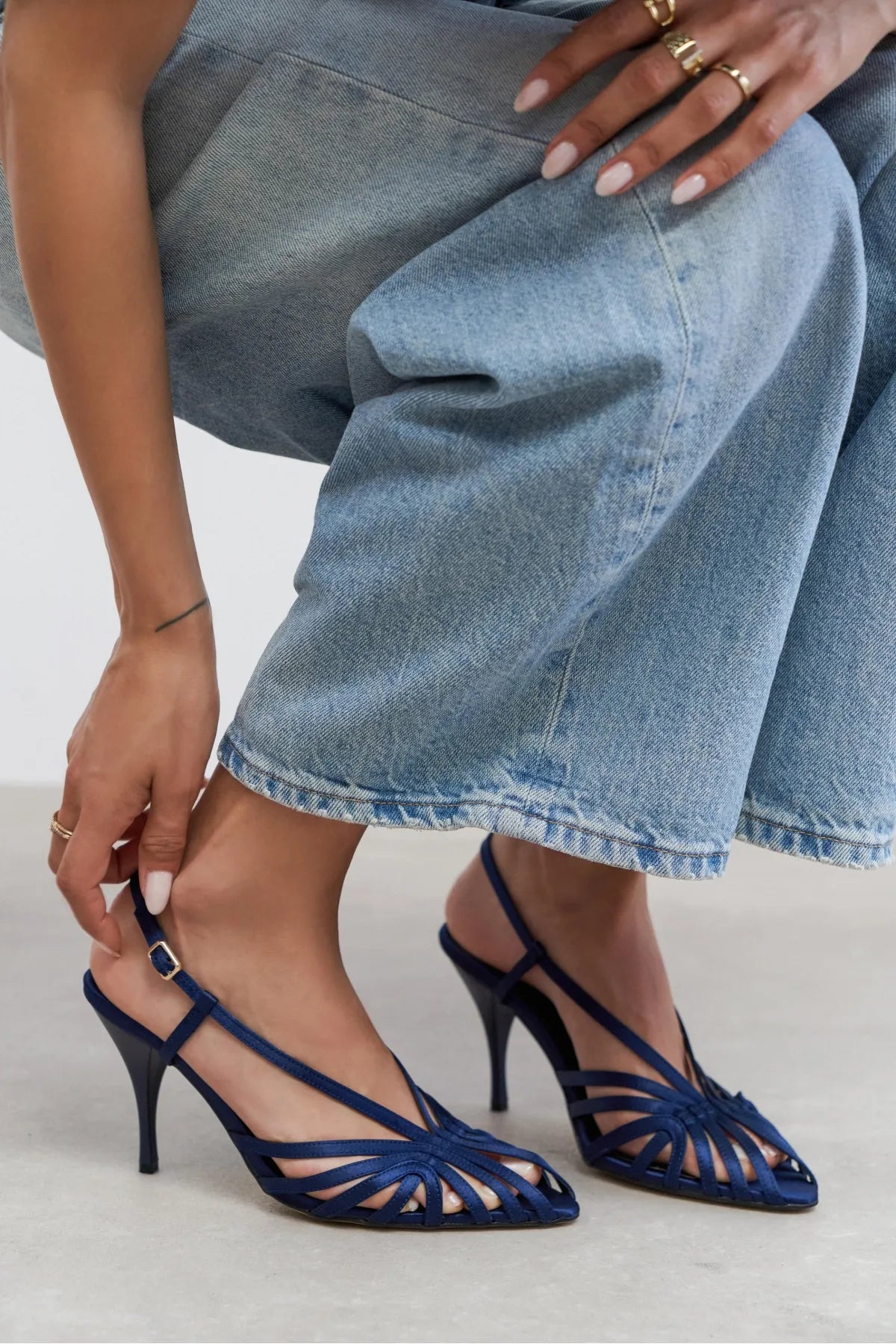 ERYU Navy Satin Peep Toe Cage Detail Women’s Heeled Shoes