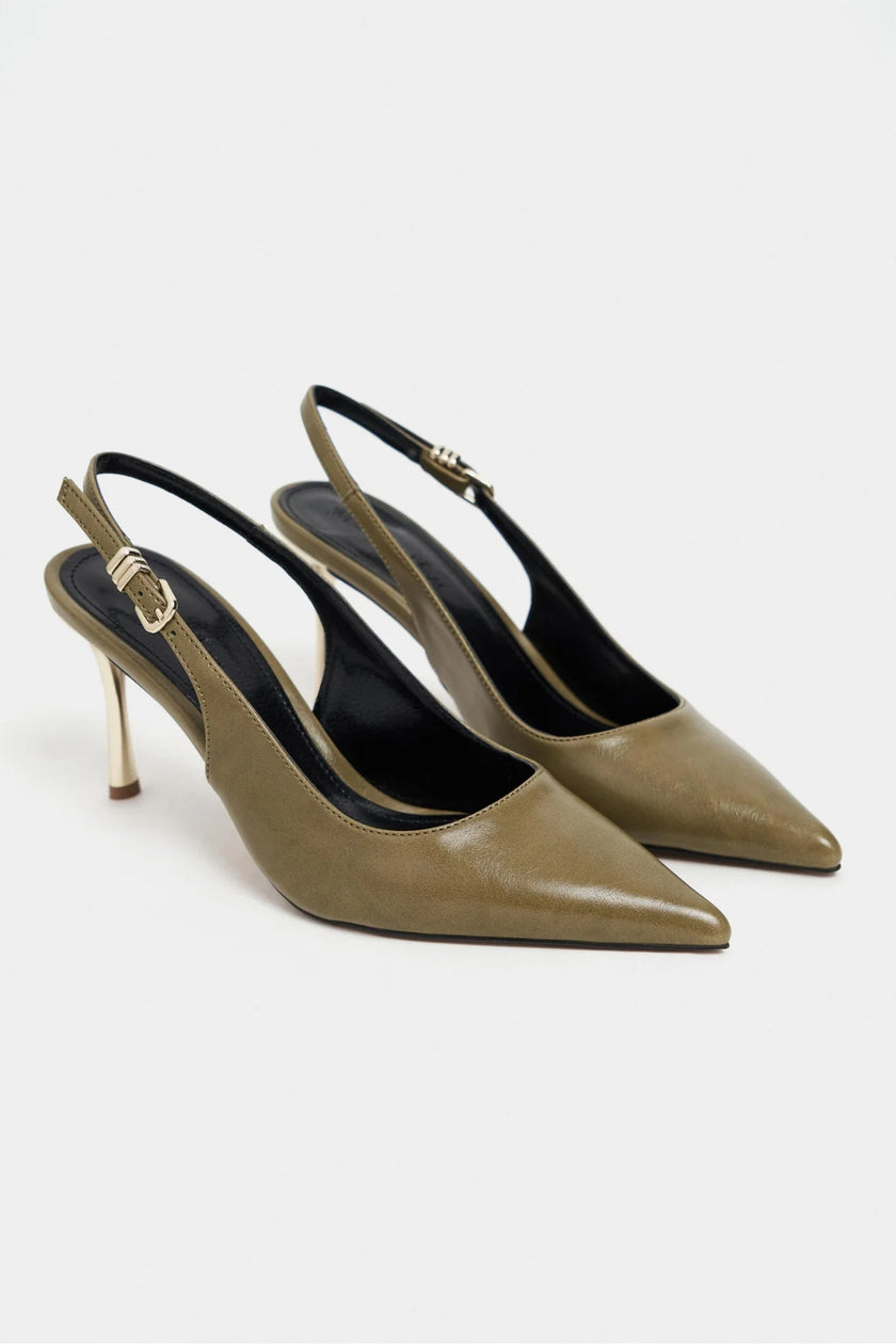 VIORA Green Rustic Buckle Detail Women’s Gold Heel Shoes