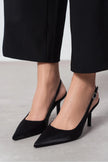 MENDY Black Satin Pointed Toe Women’s Heel Shoes with Belt Detail