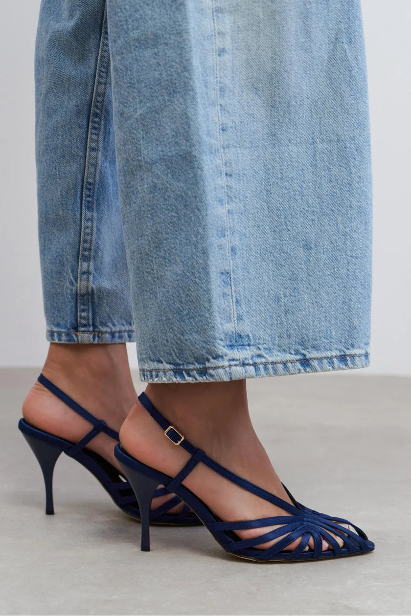 ERYU Navy Satin Peep Toe Cage Detail Women’s Heeled Shoes