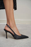 MENDY Black Satin Pointed Toe Women’s Heel Shoes with Belt Detail