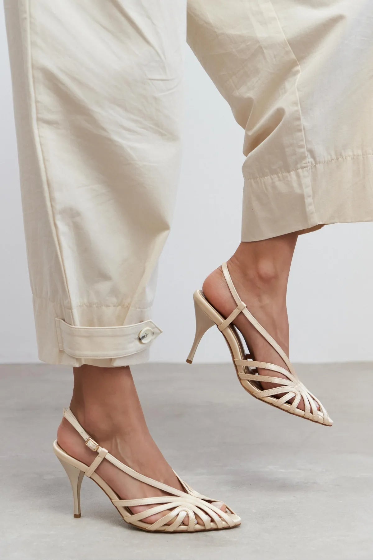 ERYU Beige Satin Peep Toe Cage Detail Women’s Heeled Shoes