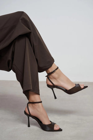 TANIA Brown Satin Ankle-Strap Stiletto Heels
