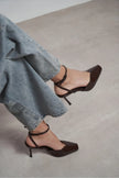 KAHLA Coffee Patent Leather Ankle Strap Open Toe Women’s Heel Shoes