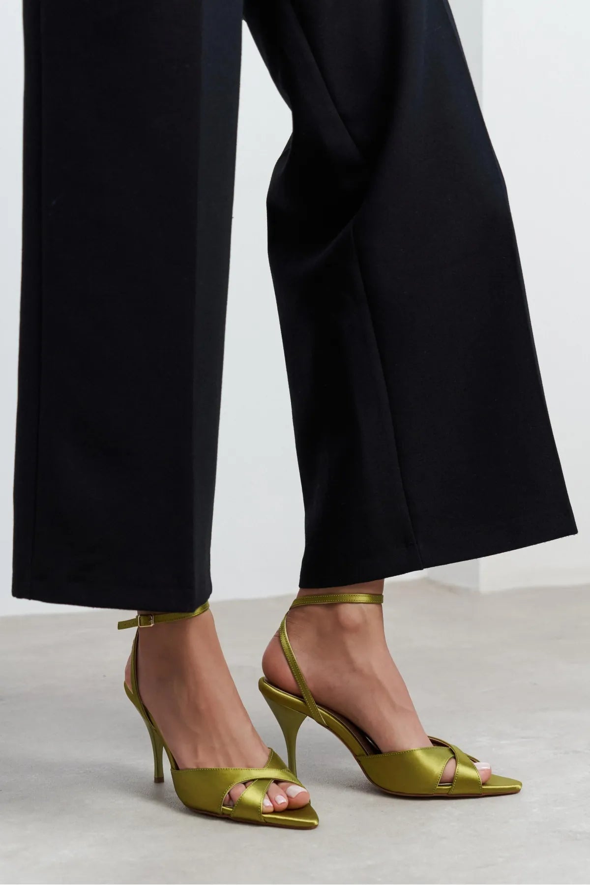 MONICA Green Satin Ankle-Strap Detail Women’s Slim High-Heel Shoes