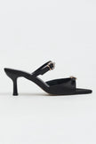 CALISTA Black Satin Buckle Detail Pointed-Toe Women's Mule Heels