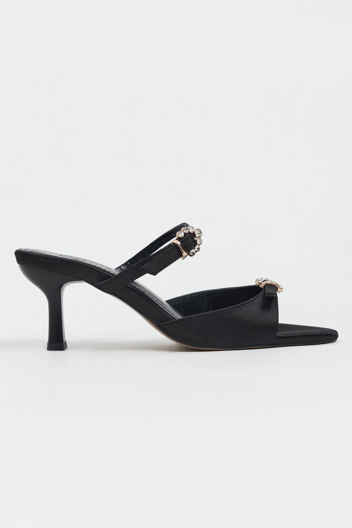 CALISTA Black Satin Buckle Detail Pointed-Toe Women's Mule Heels