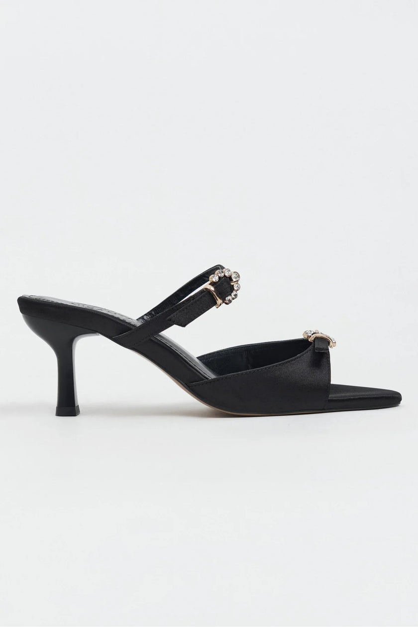 CALISTA Black Satin Buckle Detail Pointed-Toe Women's Mule Heels
