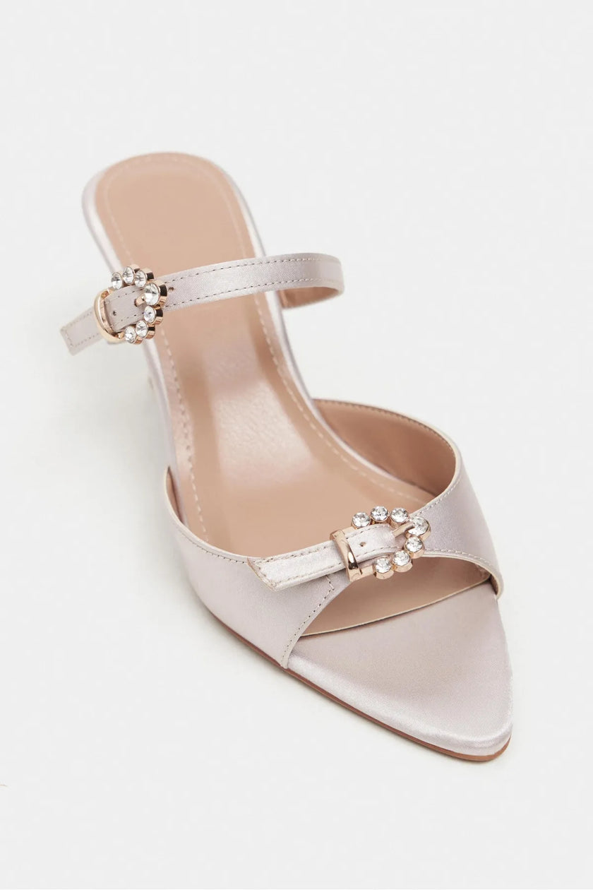 CALISTA Dark Beige Satin Buckle-Detail Pointed-Toe Women's Mule Heels