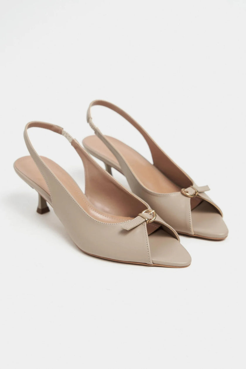 RONE Dark Beige Matte Leather Pointed Toe Open Front Buckle Women’s Shoes