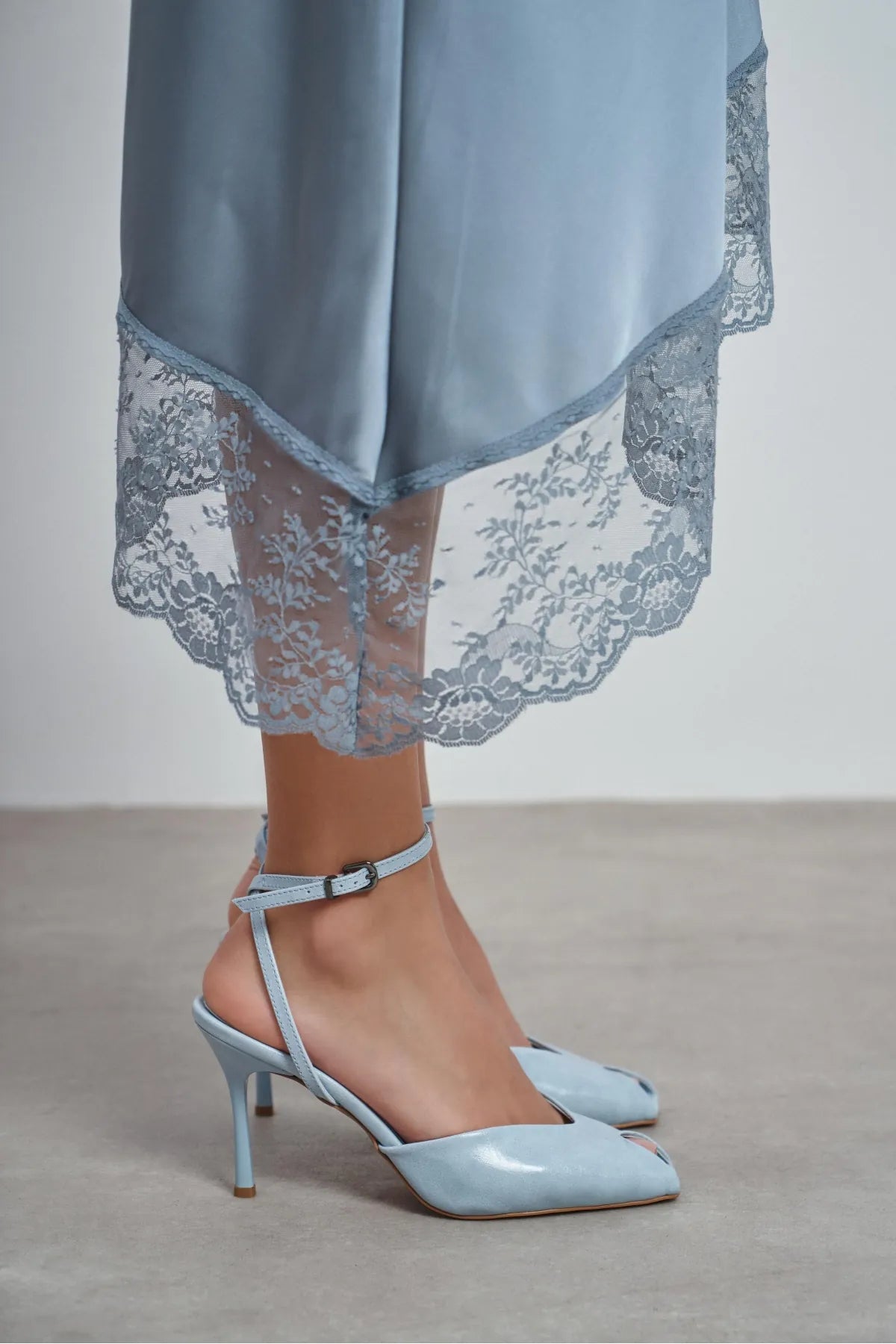 VELA Baby Blue Rustic Ankle Strap Open Toe Women’s Heels
