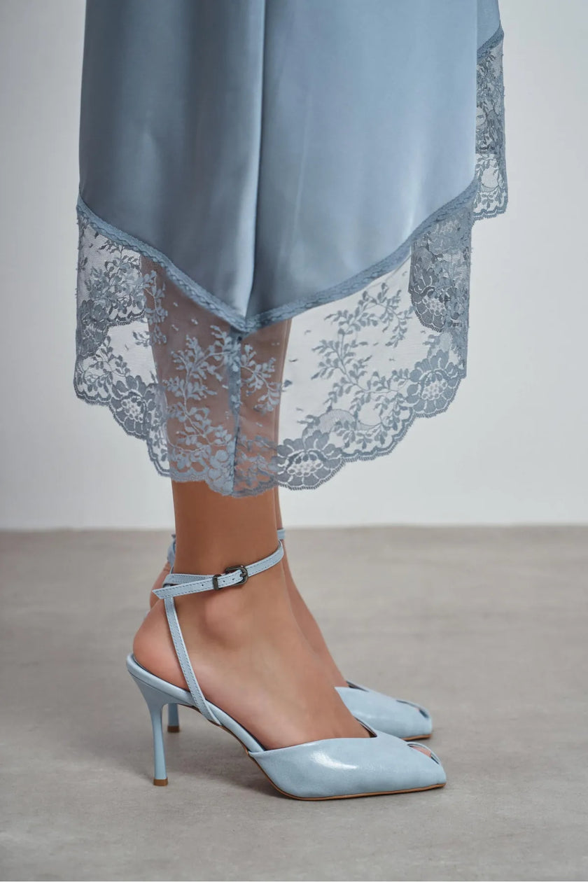 VELA Baby Blue Rustic Ankle Strap Open Toe Women’s Heels