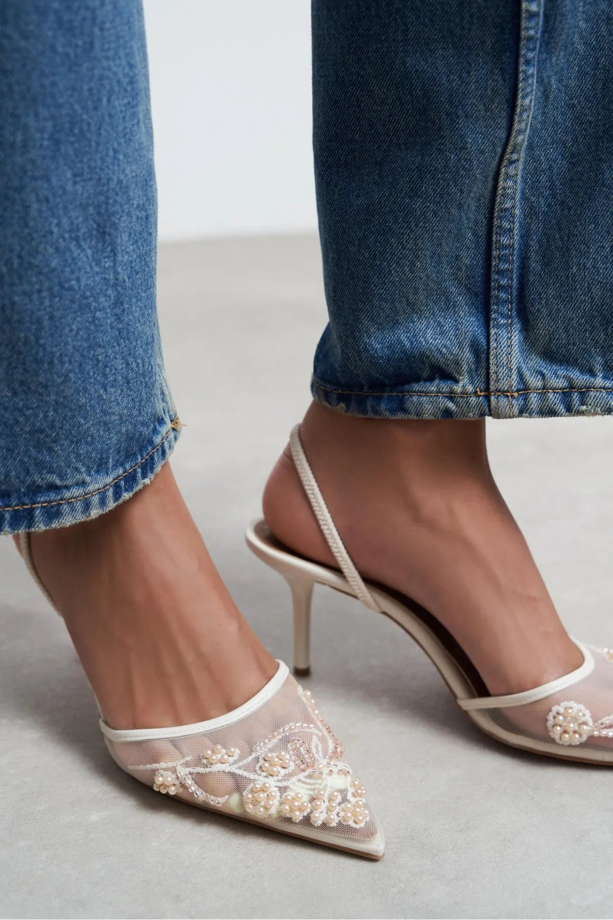 Shine Beige Beaded Mesh Pointed-Toe Women's Heeled Shoes