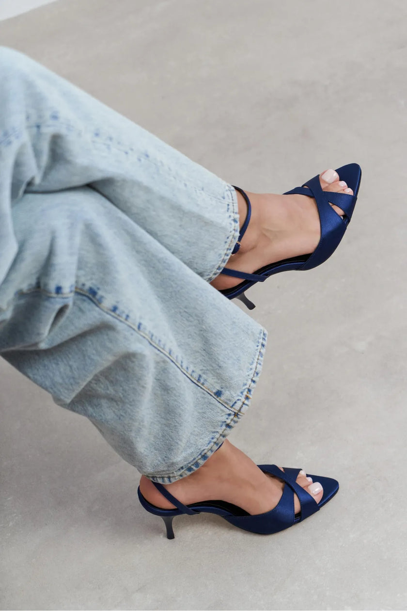 MONICA Navy Satin Ankle Strap Detail Women’s Stiletto Heels
