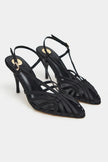 ERYU Black Satin Peep Toe Cage Detail Women’s Heeled Shoes