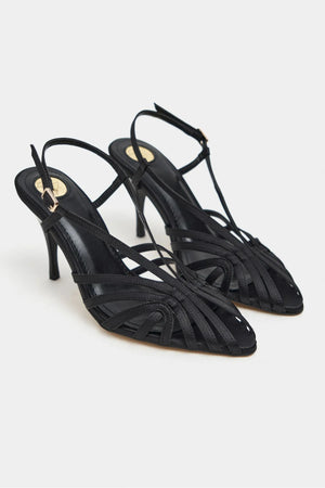 ERYU Black Satin Peep Toe Cage Detail Women’s Heeled Shoes