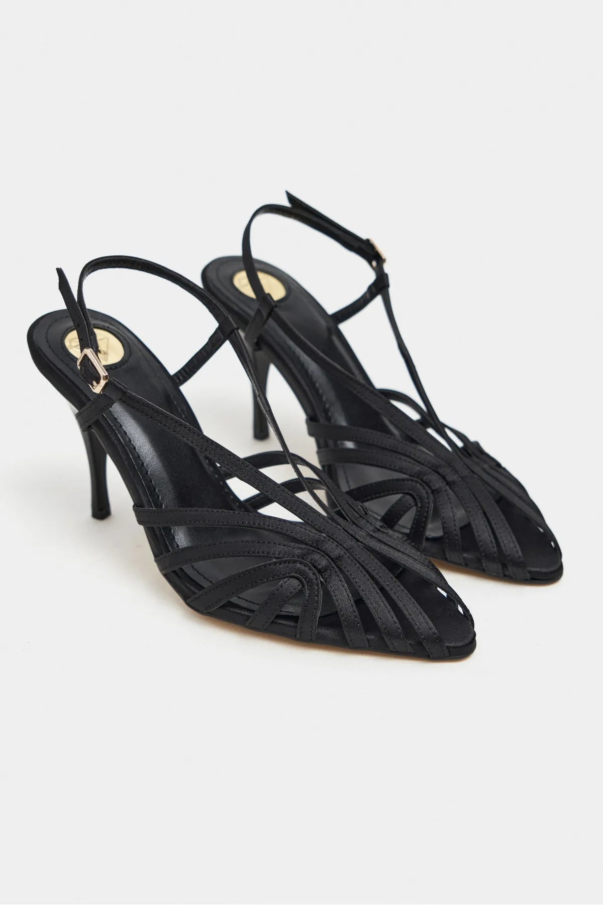 ERYU Black Satin Peep Toe Cage Detail Women’s Heeled Shoes