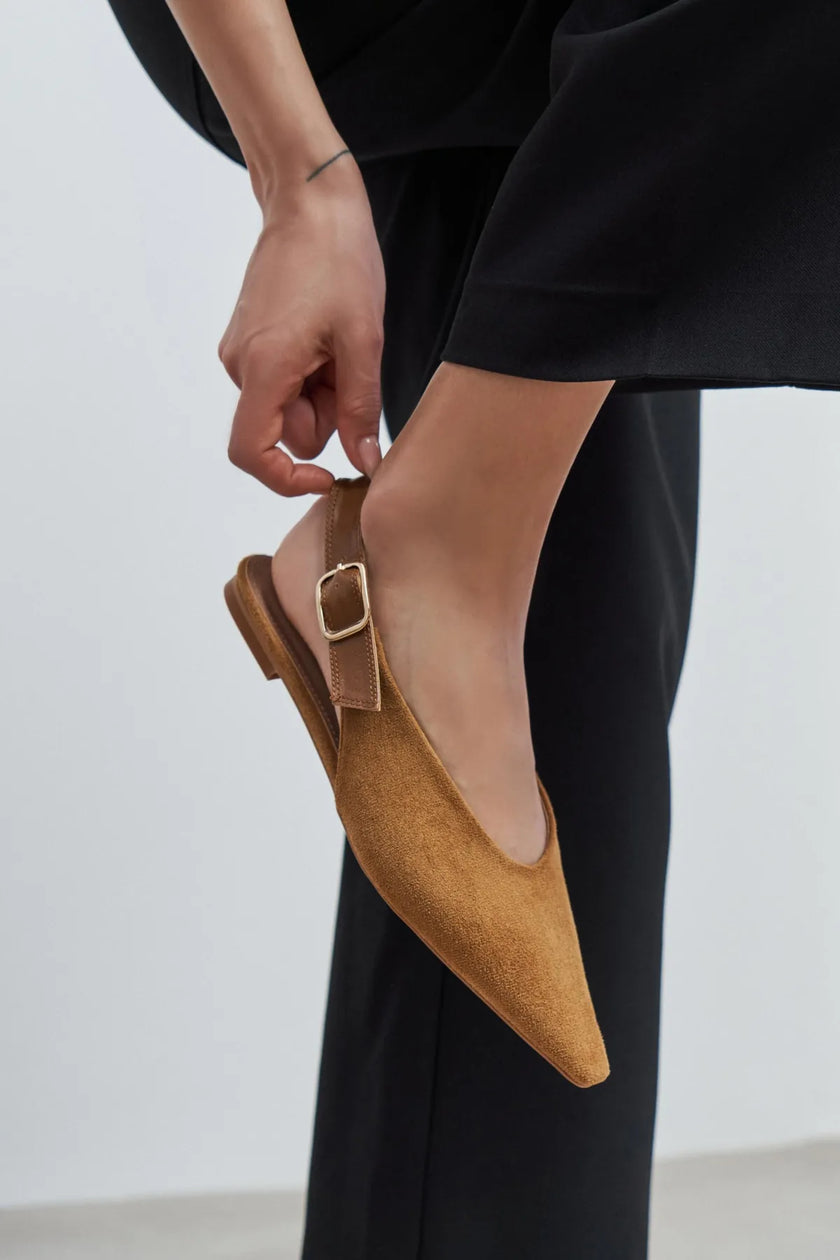 TESSA Tan Suede Pointed Toe Buckle Detail Low Heel Women’s Flats
