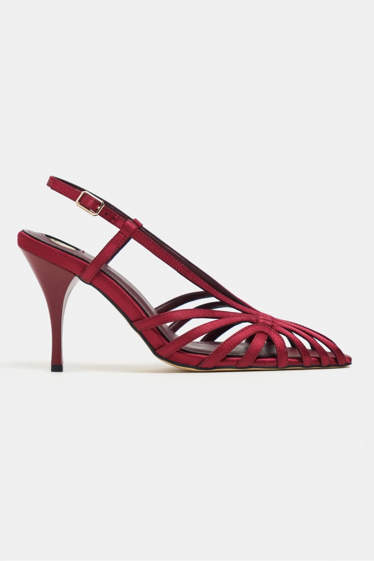ERYU Burgundy Satin Peep Toe Cage Detail Women’s Heeled Shoes
