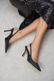 MENDY Black Satin Pointed Toe Women’s Heel Shoes with Belt Detail