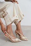 ERYU Beige Satin Peep Toe Cage Detail Women’s Heeled Shoes