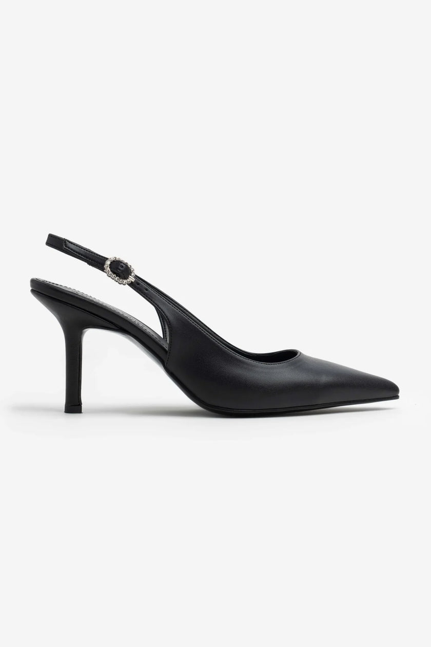 MENDY Black Matte Pointed Toe Women’s Heel Shoes with Belt Detail