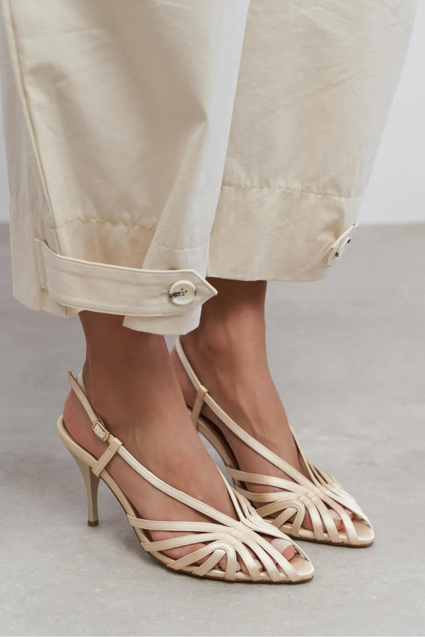 ERYU Beige Satin Peep Toe Cage Detail Women’s Heeled Shoes