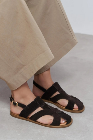 VENDY Bitter Coffee Suede Genuine Leather Buckled Women’s Sandals