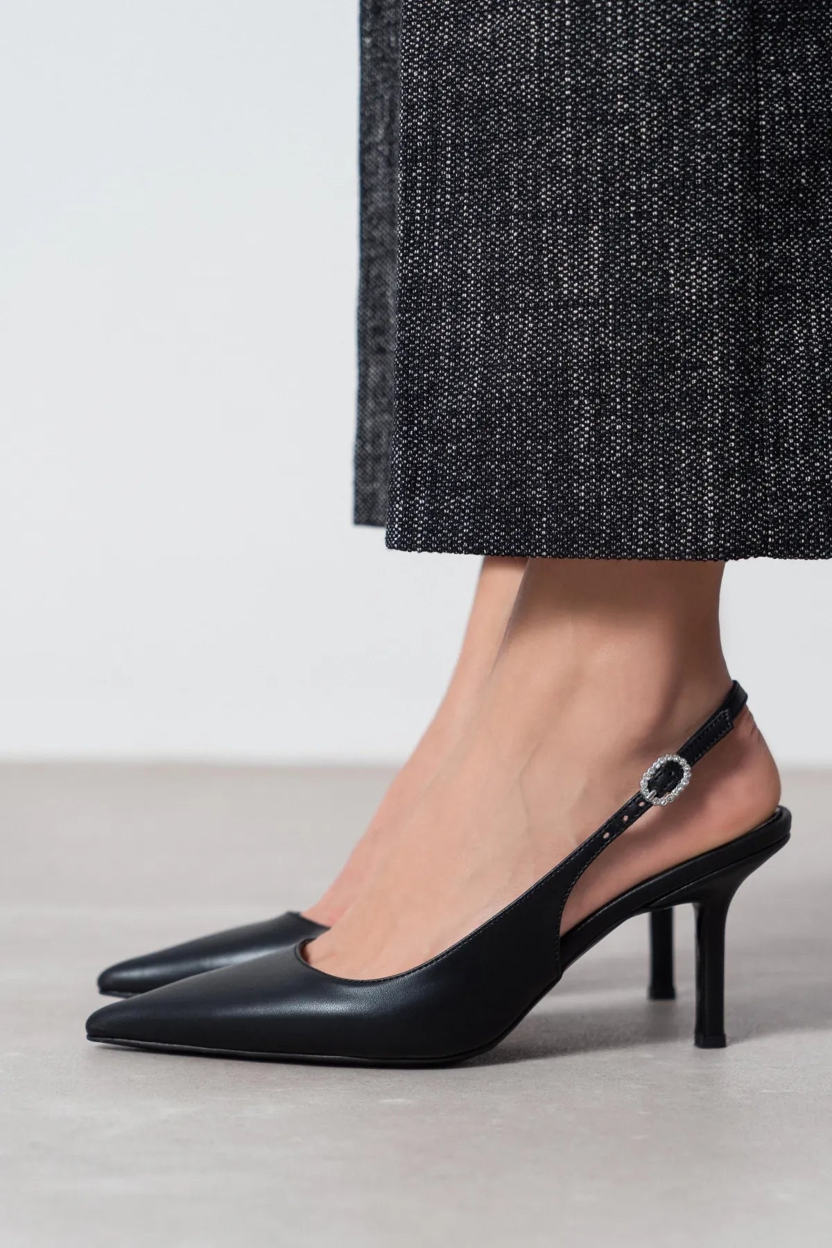 MENDY Black Matte Pointed Toe Women’s Heel Shoes with Belt Detail