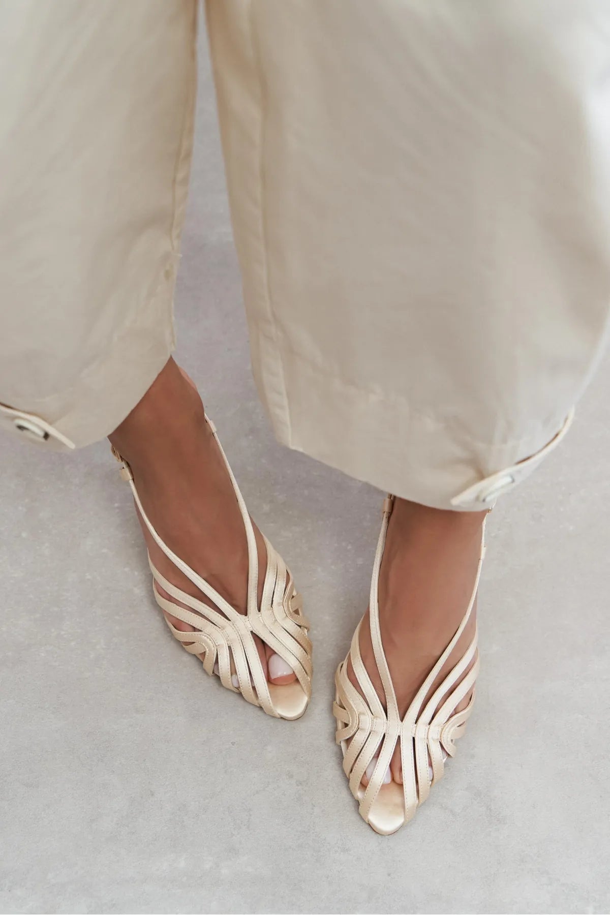 ERYU Beige Satin Peep Toe Cage Detail Women’s Heeled Shoes