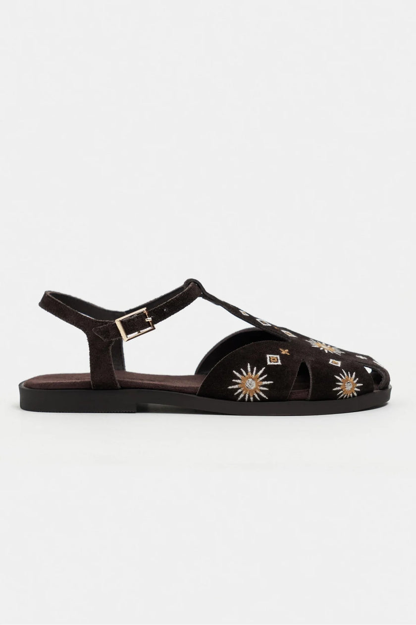 UTYA Bitter Brown Suede Leather Embroidery Detail Flat Women’s Sandals