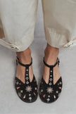 UTYA Bitter Brown Suede Leather Embroidery Detail Flat Women’s Sandals