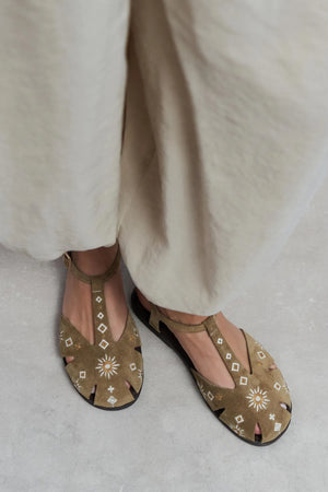 UTYA Rome Beige Suede Leather Embroidery Detail Flat Women’s Sandals