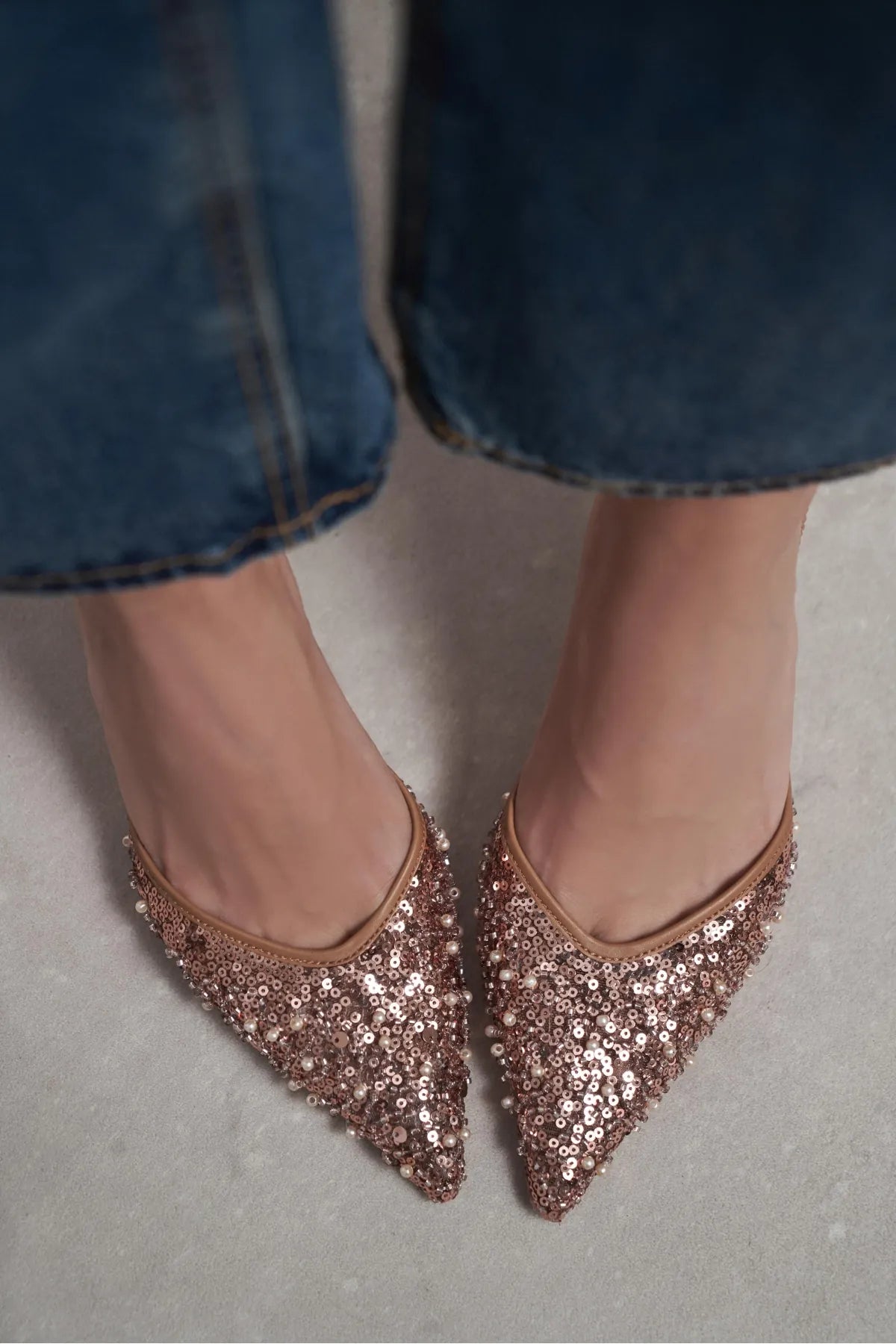 SARA Nude Mesh Beaded Detail Pointed Toe Women’s Heel Shoes