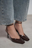 KAHLA Coffee Patent Leather Ankle Strap Open Toe Women’s Heel Shoes