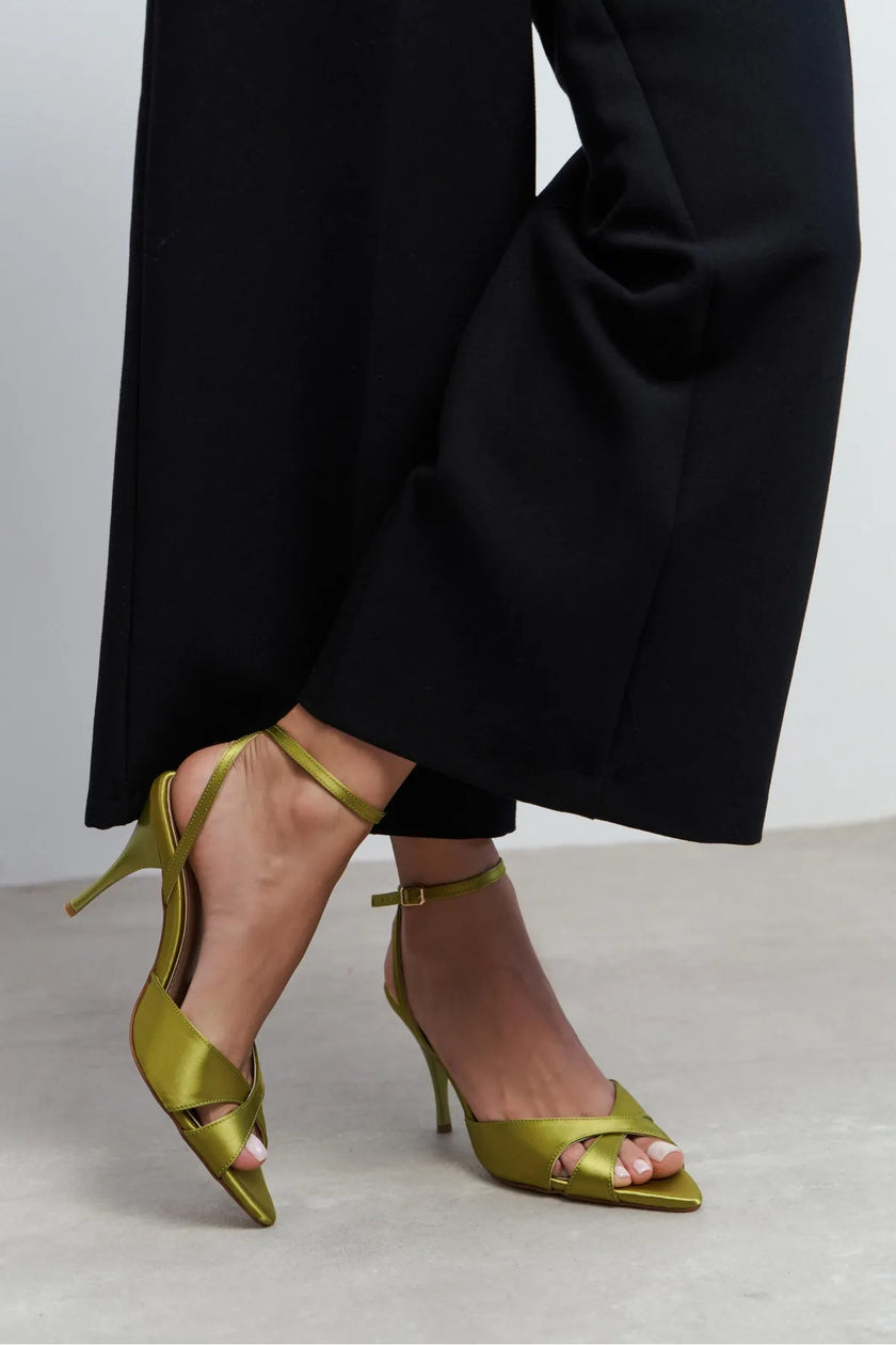 MONICA Green Satin Ankle-Strap Detail Women’s Slim High-Heel Shoes