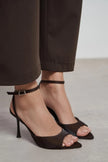 TANIA Brown Satin Ankle-Strap Stiletto Heels