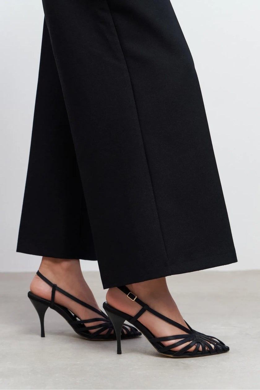 ERYU Black Satin Peep Toe Cage Detail Women’s Heeled Shoes