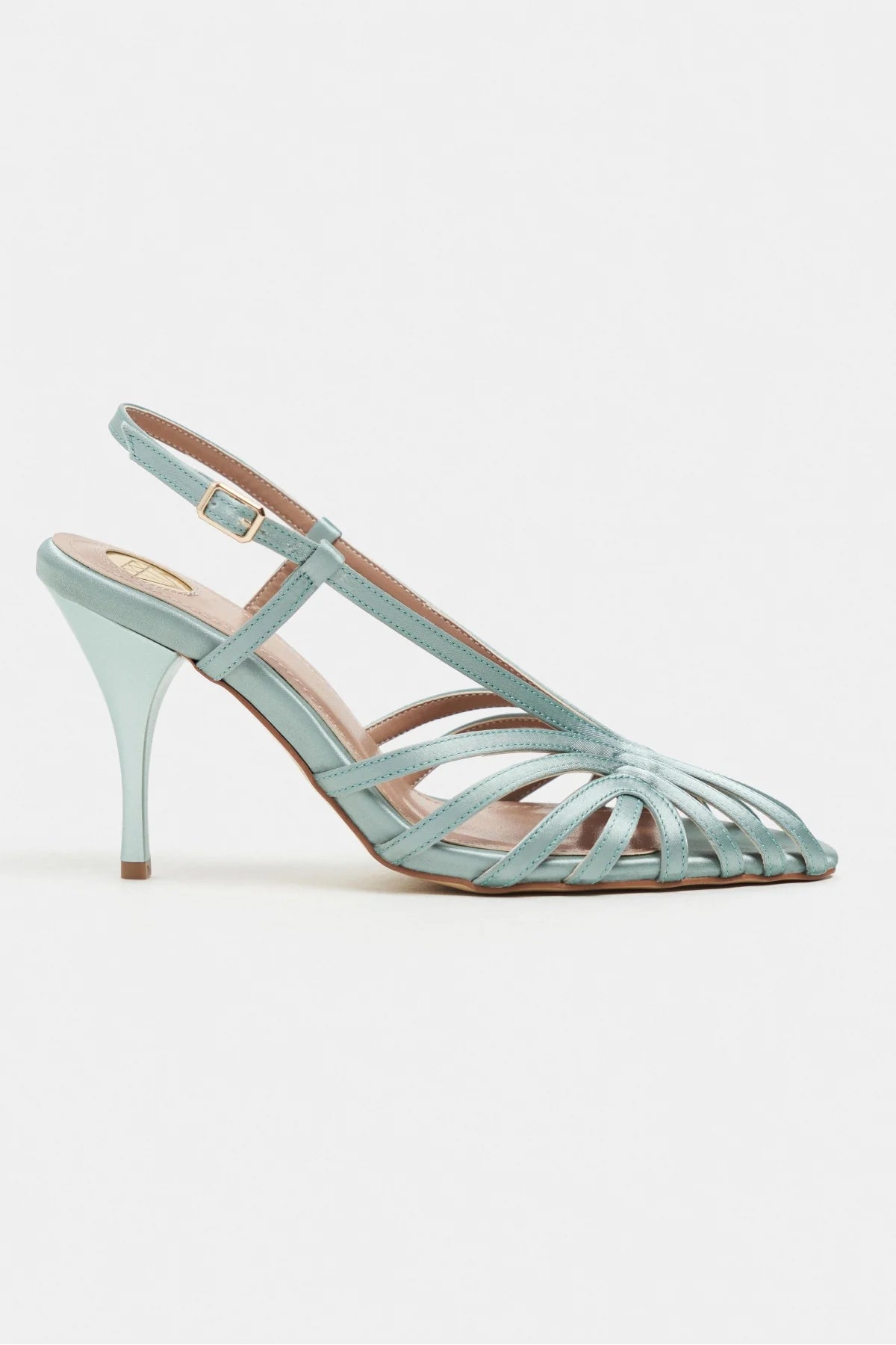 ERYU Turquoise Satin Peep Toe Cage Detail Women’s Heeled Shoes