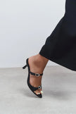 CALISTA Black Satin Buckle Detail Pointed-Toe Women's Mule Heels